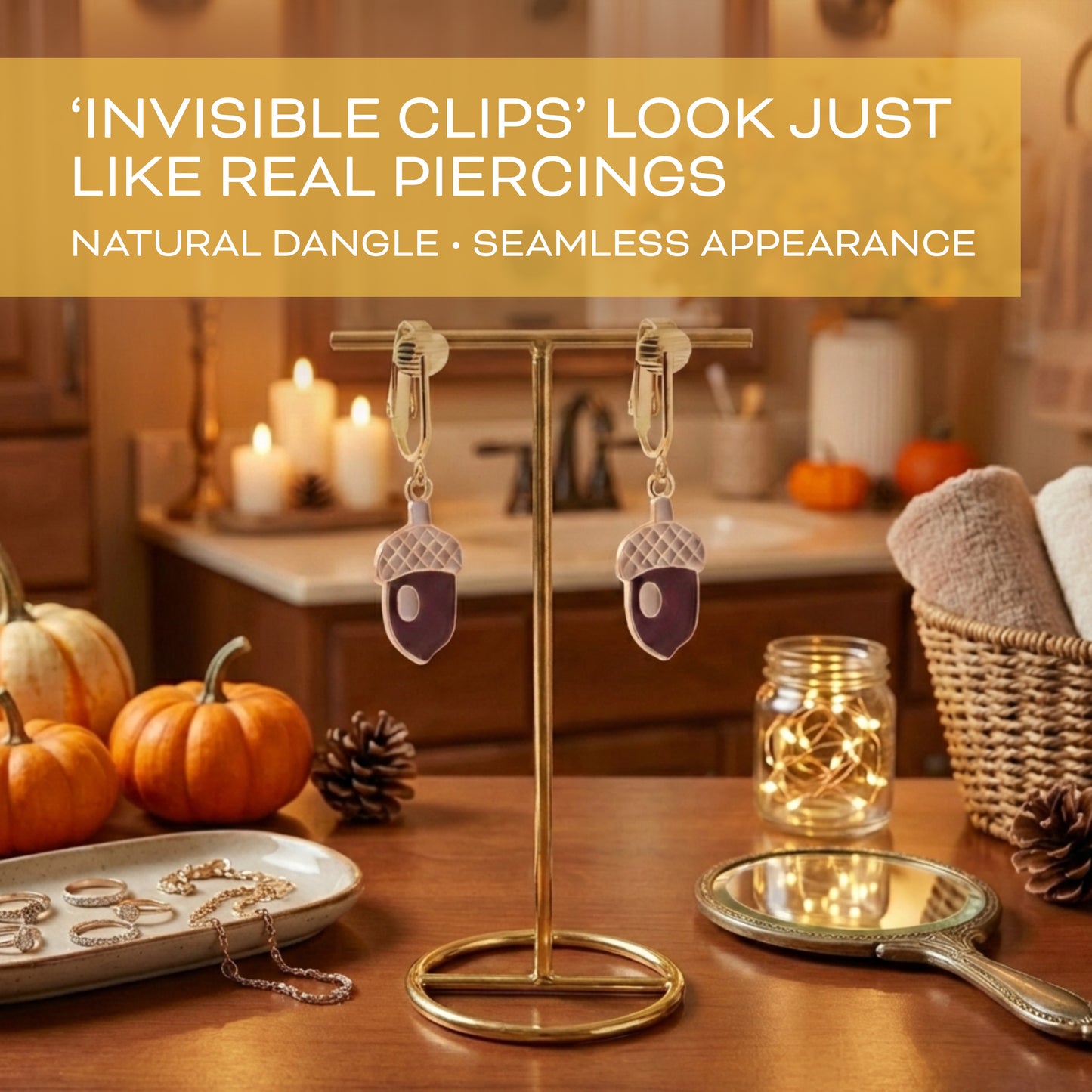 Acorns Gold Clip On Dangling Earrings