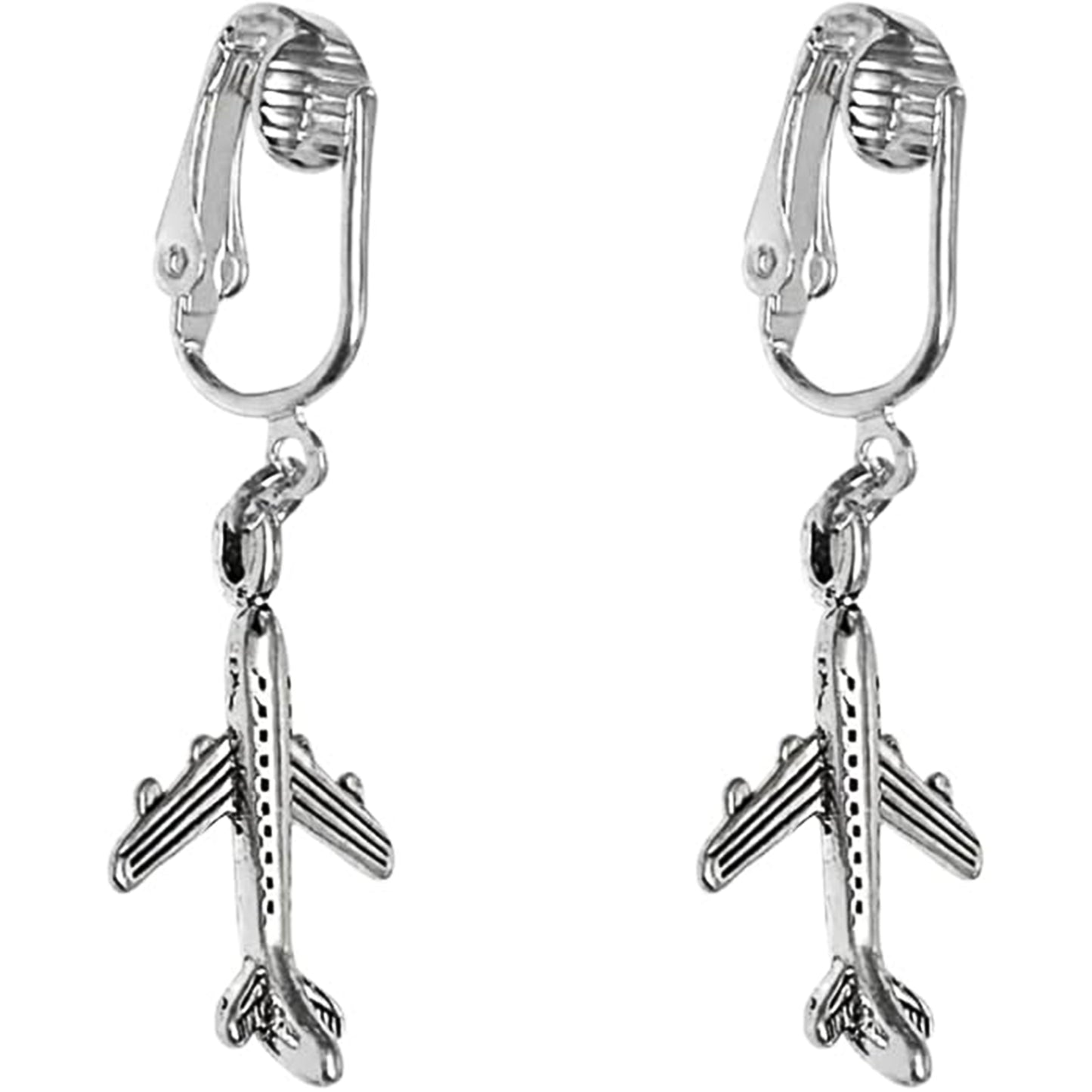 Silver Airplane Clip On Dangling Earrings