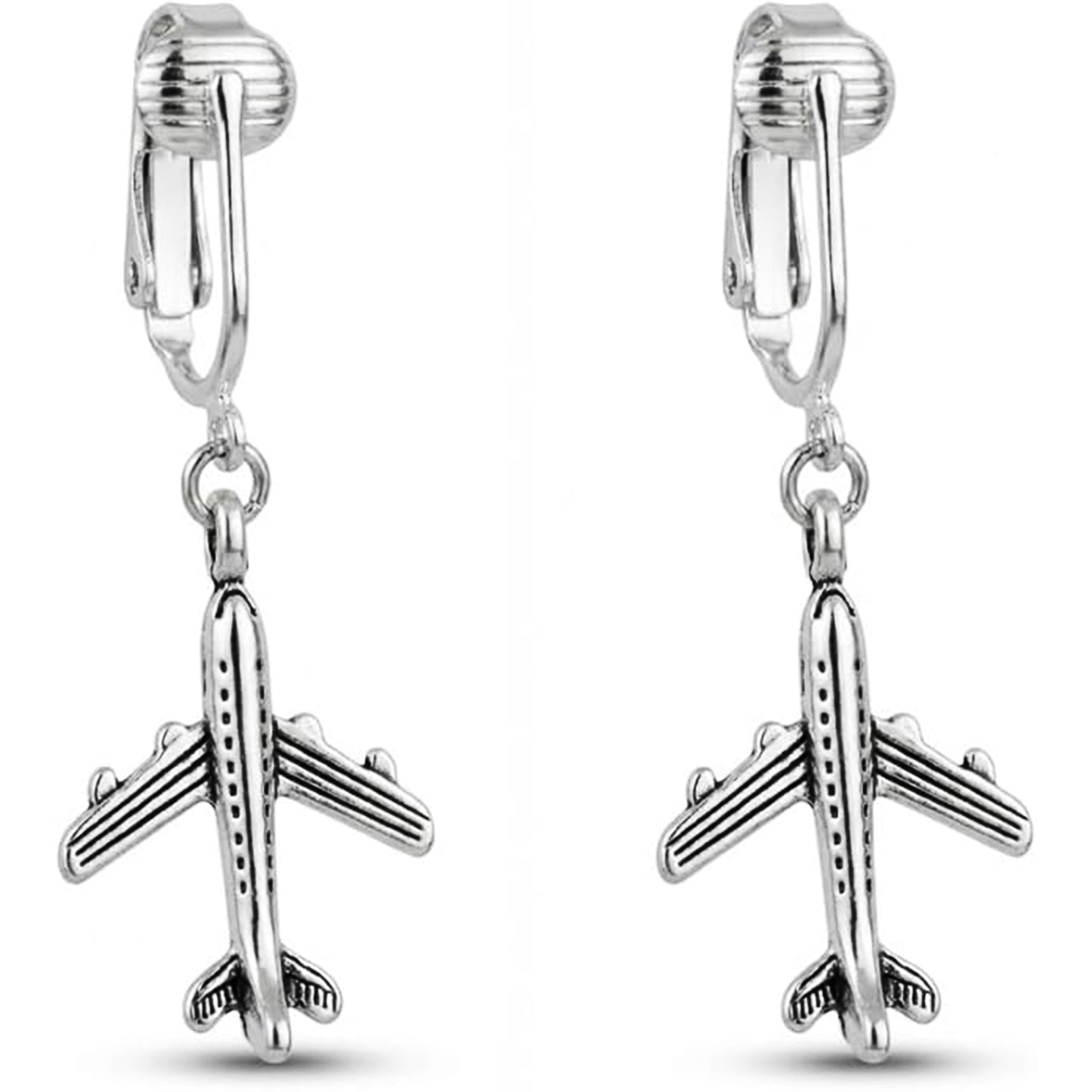 Silver Airplane Clip On Dangling Earrings