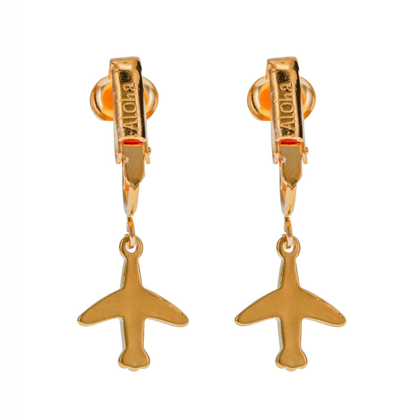 Gold Airplane Clip On Dangling Earrings