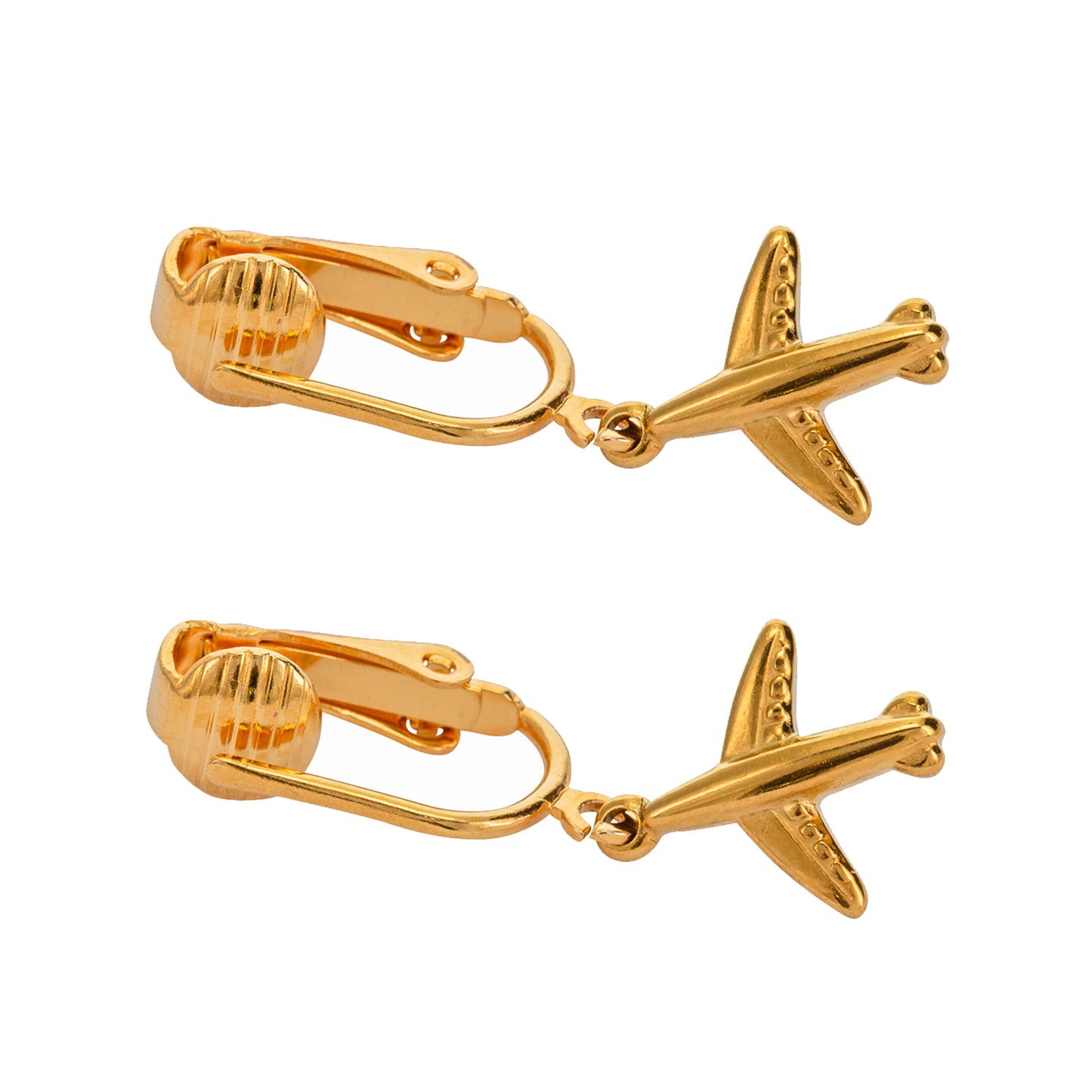 Gold Airplane Clip On Dangling Earrings