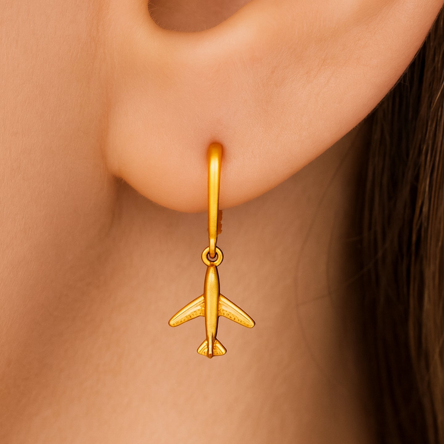 Gold Airplane Clip On Dangling Earrings