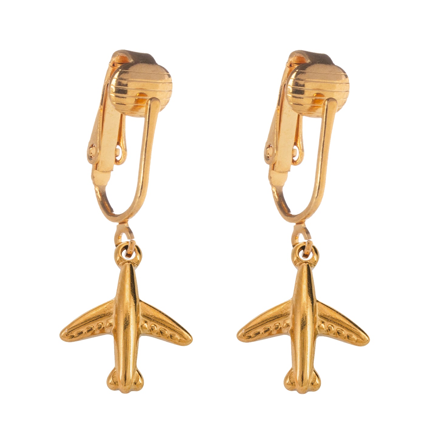 Gold Airplane Clip On Dangling Earrings