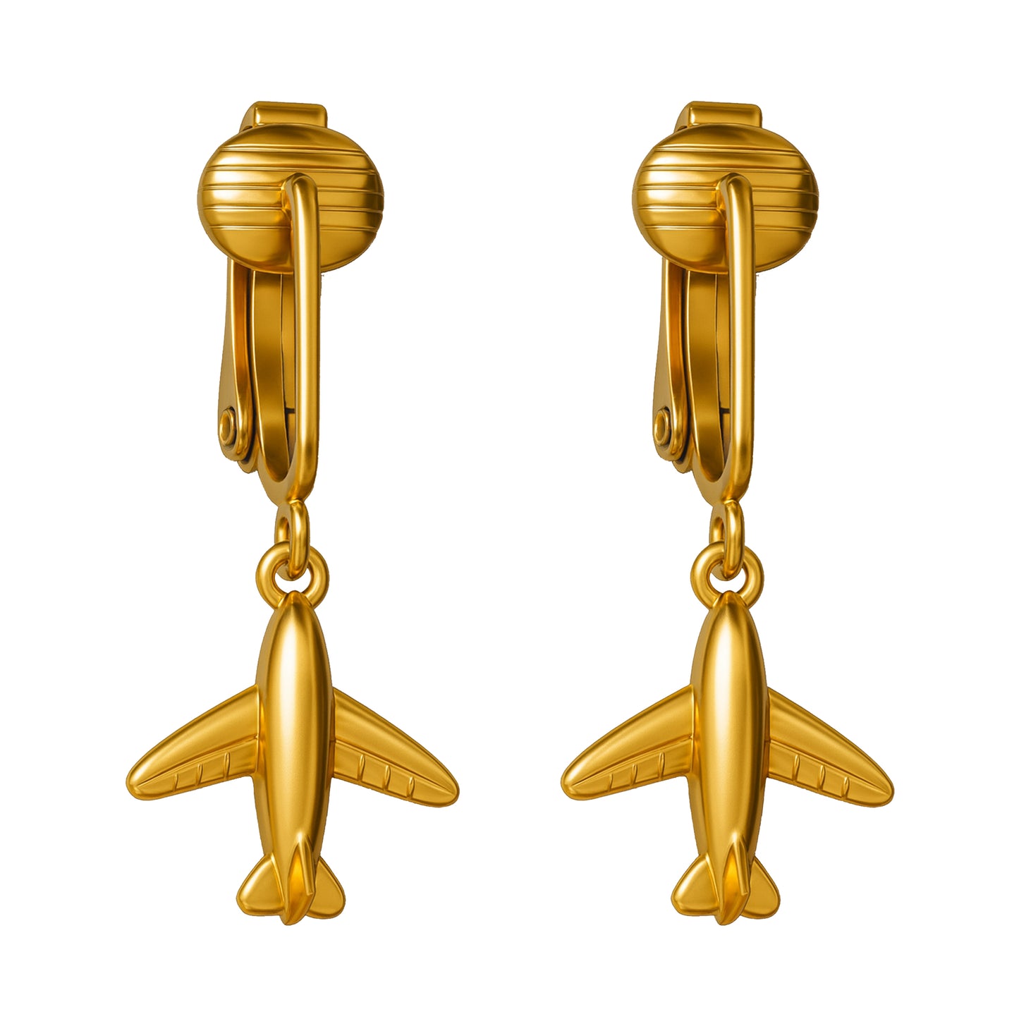 Gold Airplane Clip On Dangling Earrings
