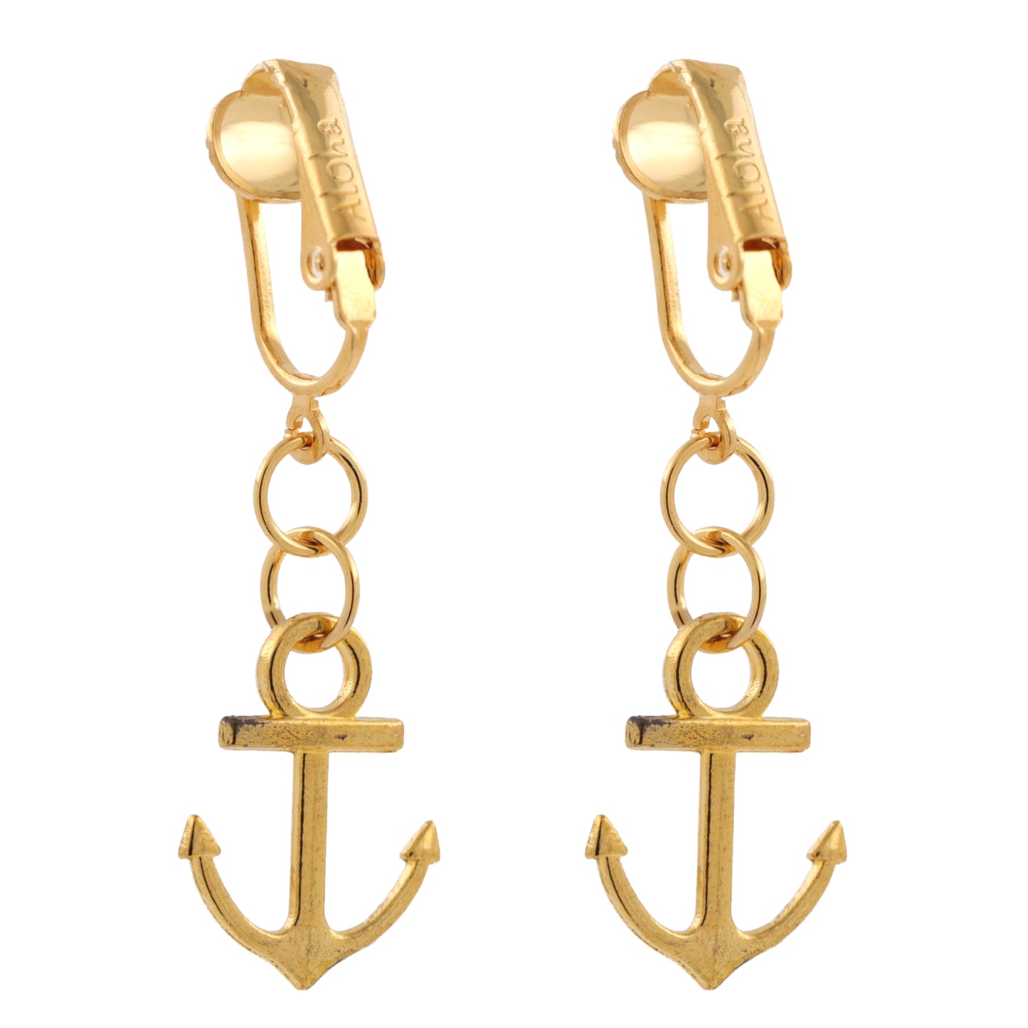 Gold Anchors Clip On Dangling Earrings