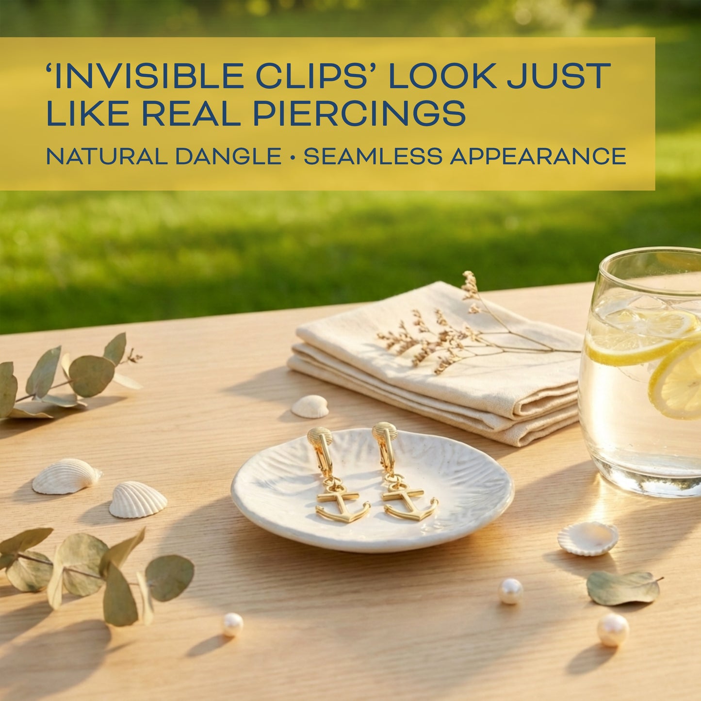 Gold Anchors Clip On Dangling Earrings