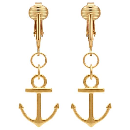 Gold Anchors Clip On Dangling Earrings