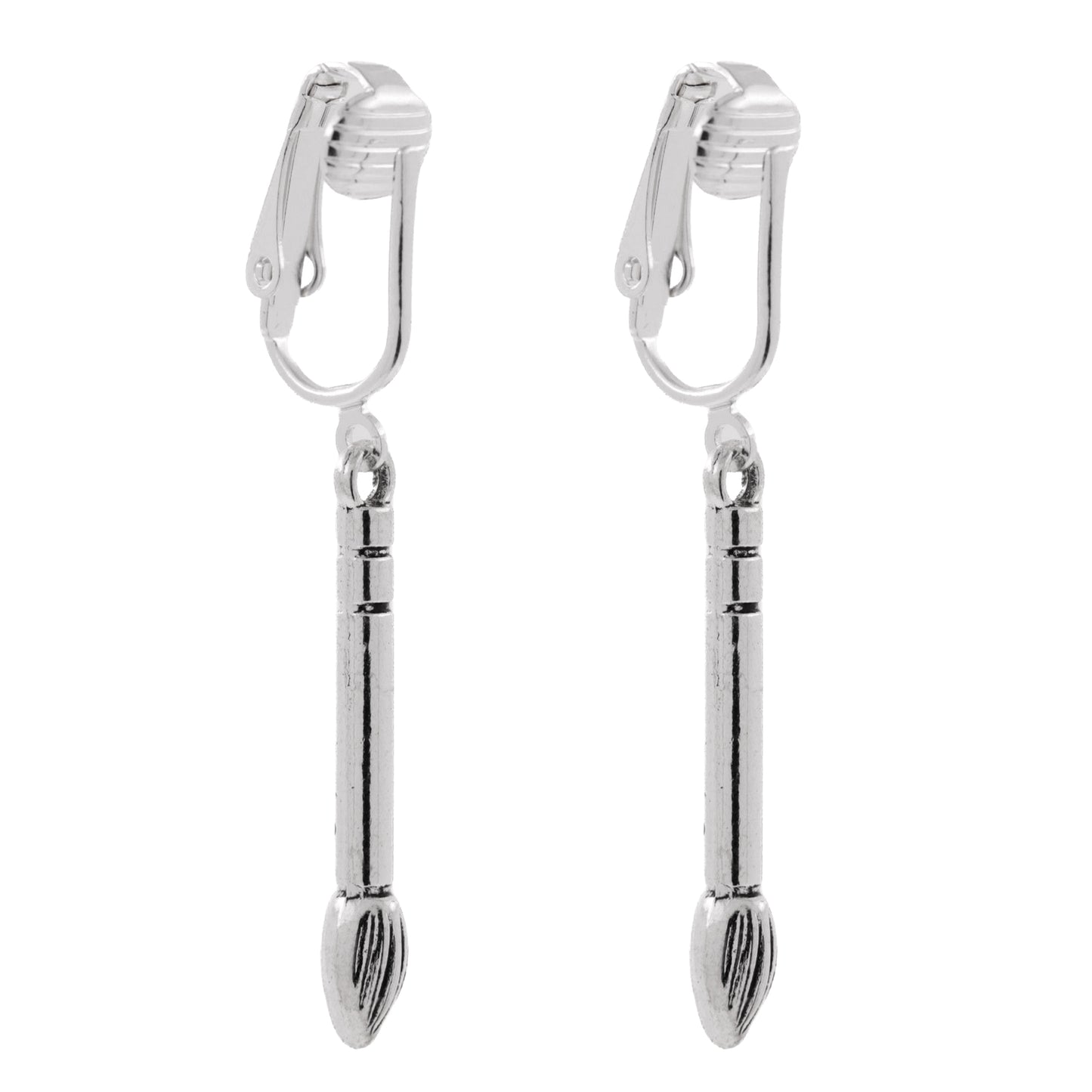 Silver Artist Brushes Clip On Dangling Earrings