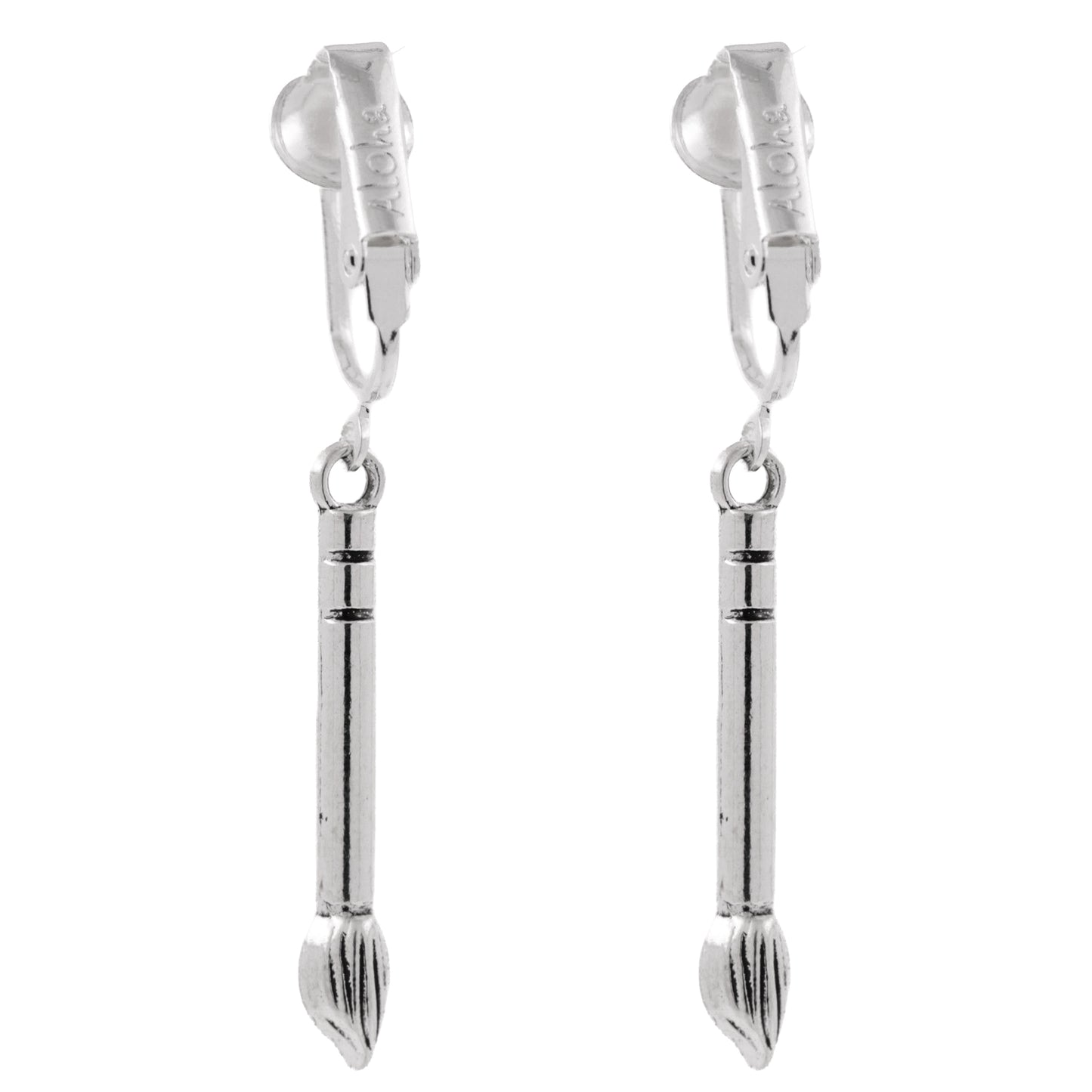 Silver Artist Brushes Clip On Dangling Earrings