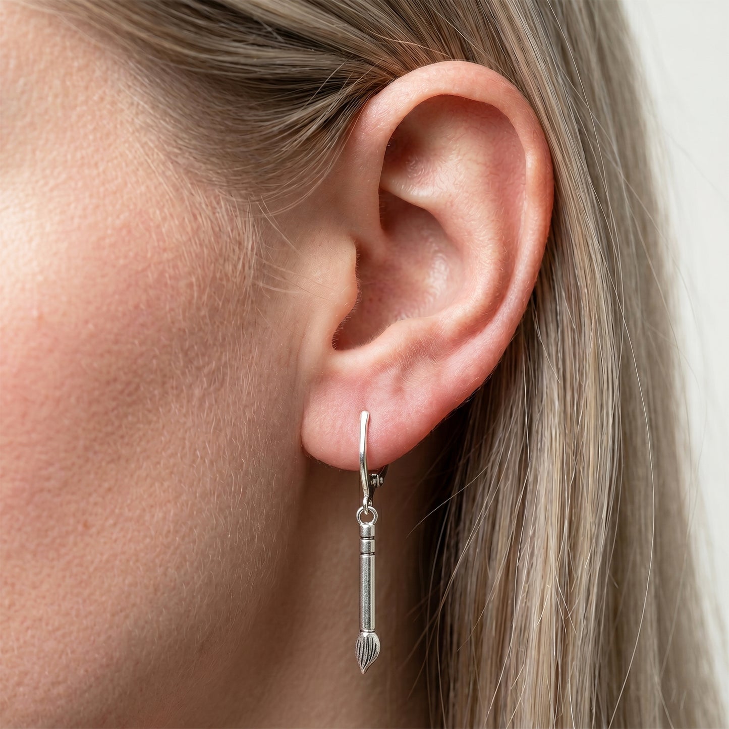 Silver Artist Brushes Clip On Dangling Earrings