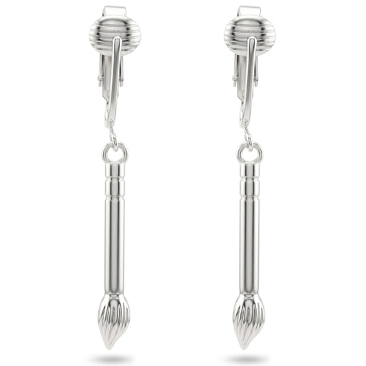 Silver Artist Brushes Clip On Dangling Earrings