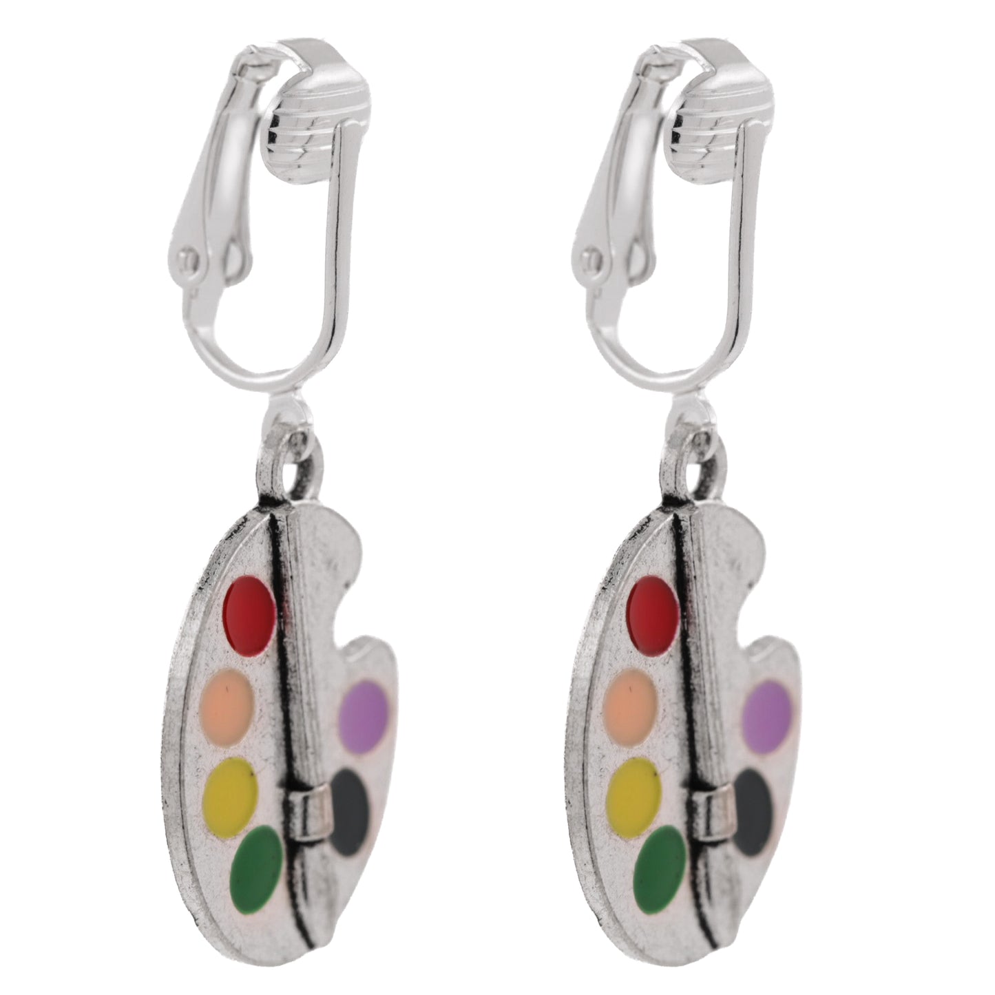 Silver Artist Palette Clip On Dangling Earrings
