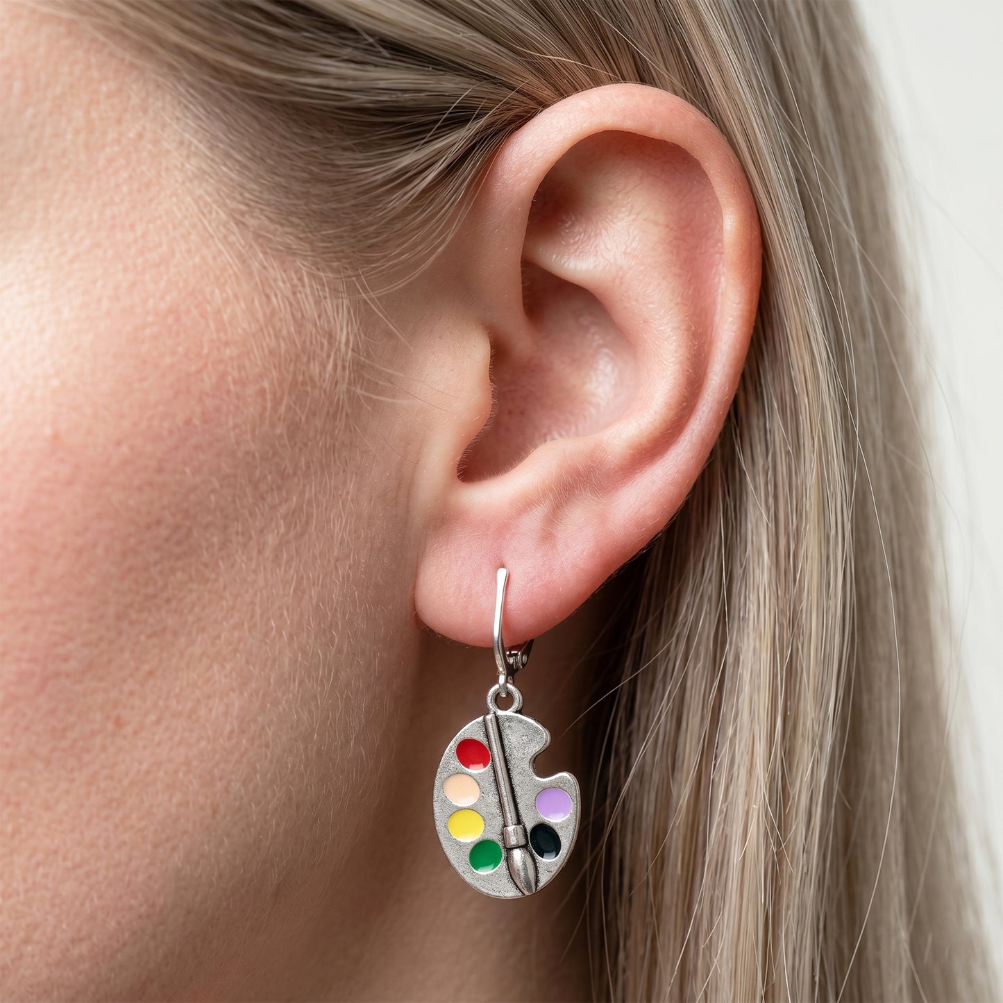 Silver Artist Palette Clip On Dangling Earrings