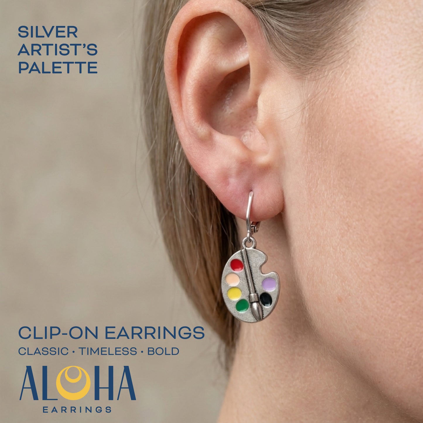 Silver Artist Palette Clip On Dangling Earrings