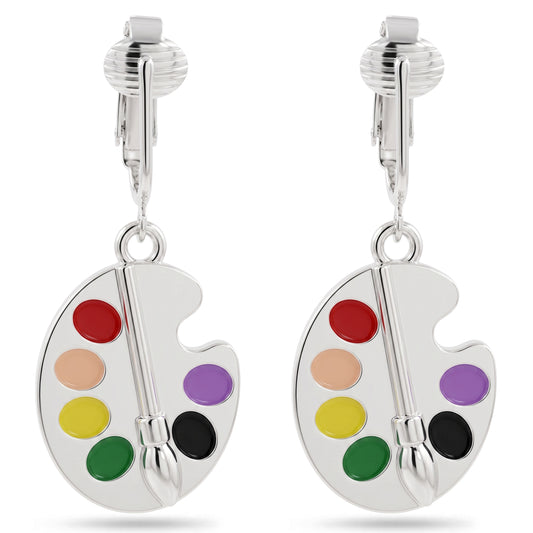 Silver Artist Palette Clip On Dangling Earrings