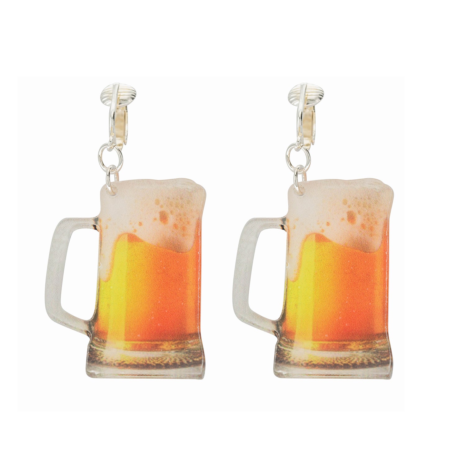 Silver Beer Mug Clip On Dangling Earrings