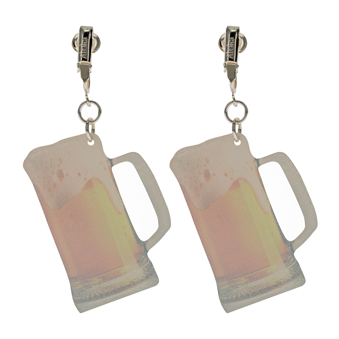 Silver Beer Mug Clip On Dangling Earrings