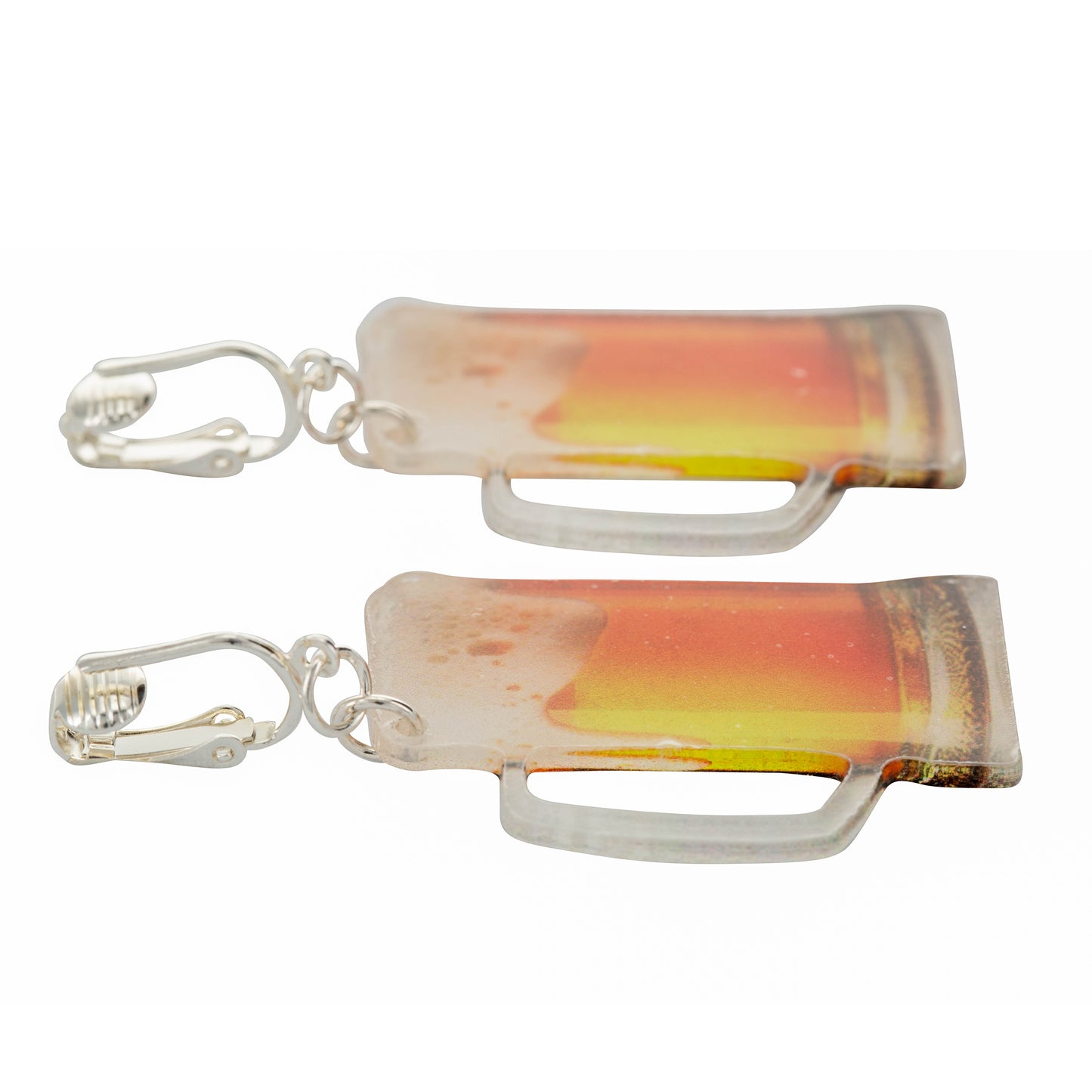 Silver Beer Mug Clip On Dangling Earrings