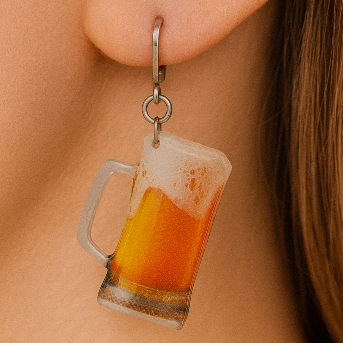Silver Beer Mug Clip On Dangling Earrings