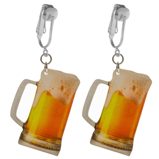 Silver Beer Mug Clip On Dangling Earrings
