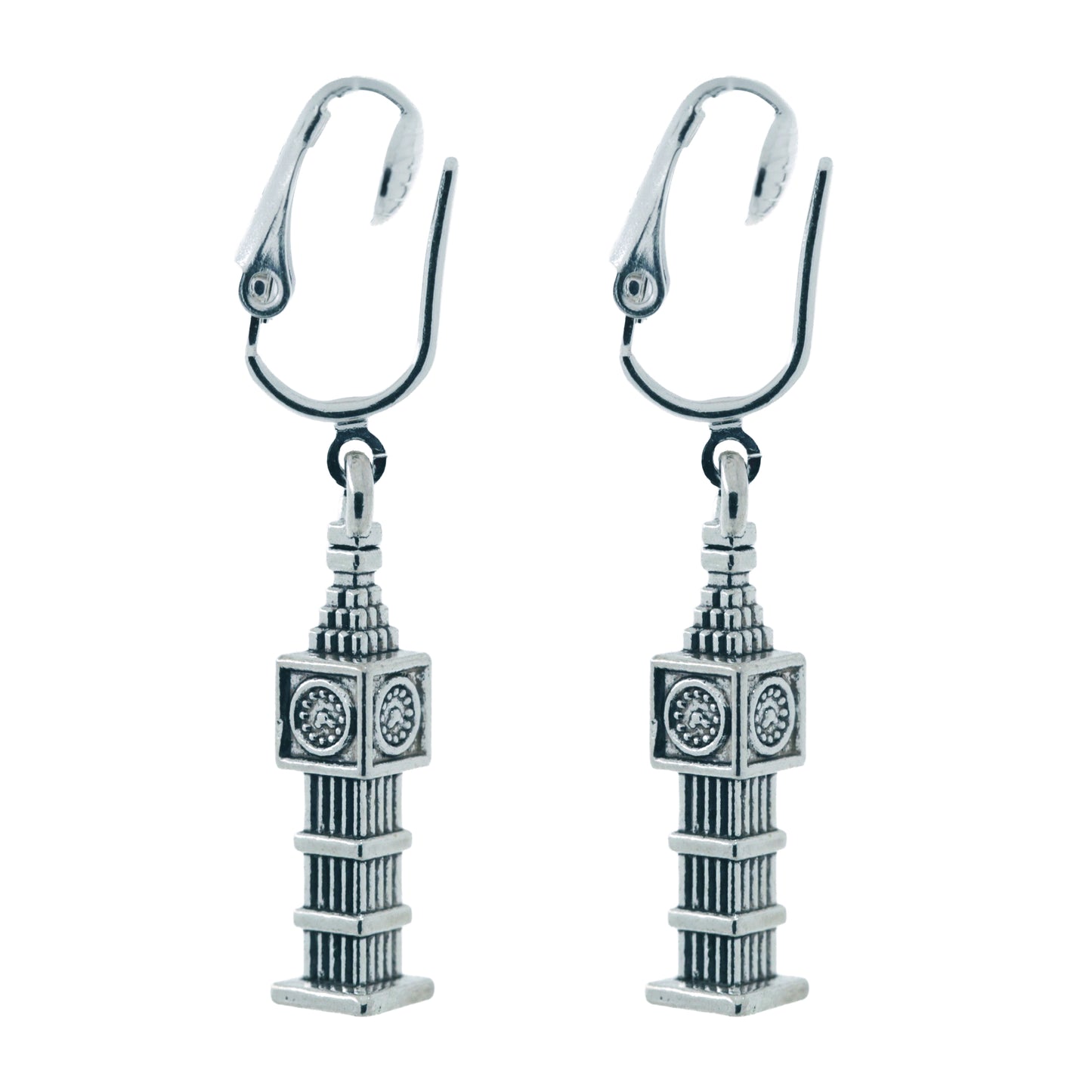 Silver Big Ben Clip On Dangling Earrings