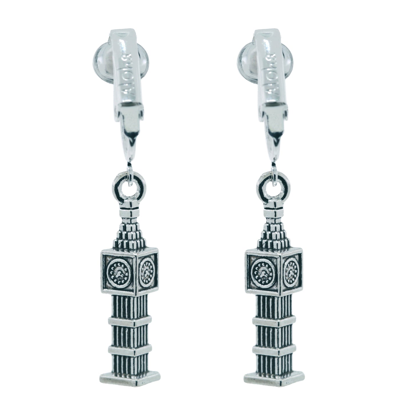 Silver Big Ben Clip On Dangling Earrings
