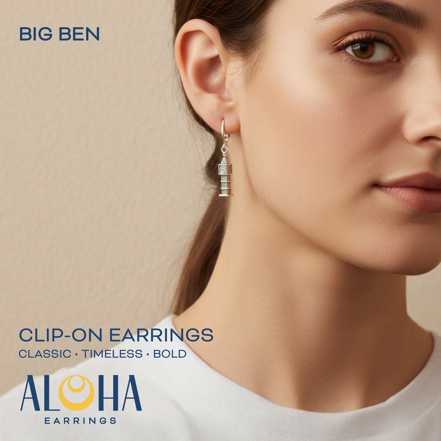 Silver Big Ben Clip On Dangling Earrings