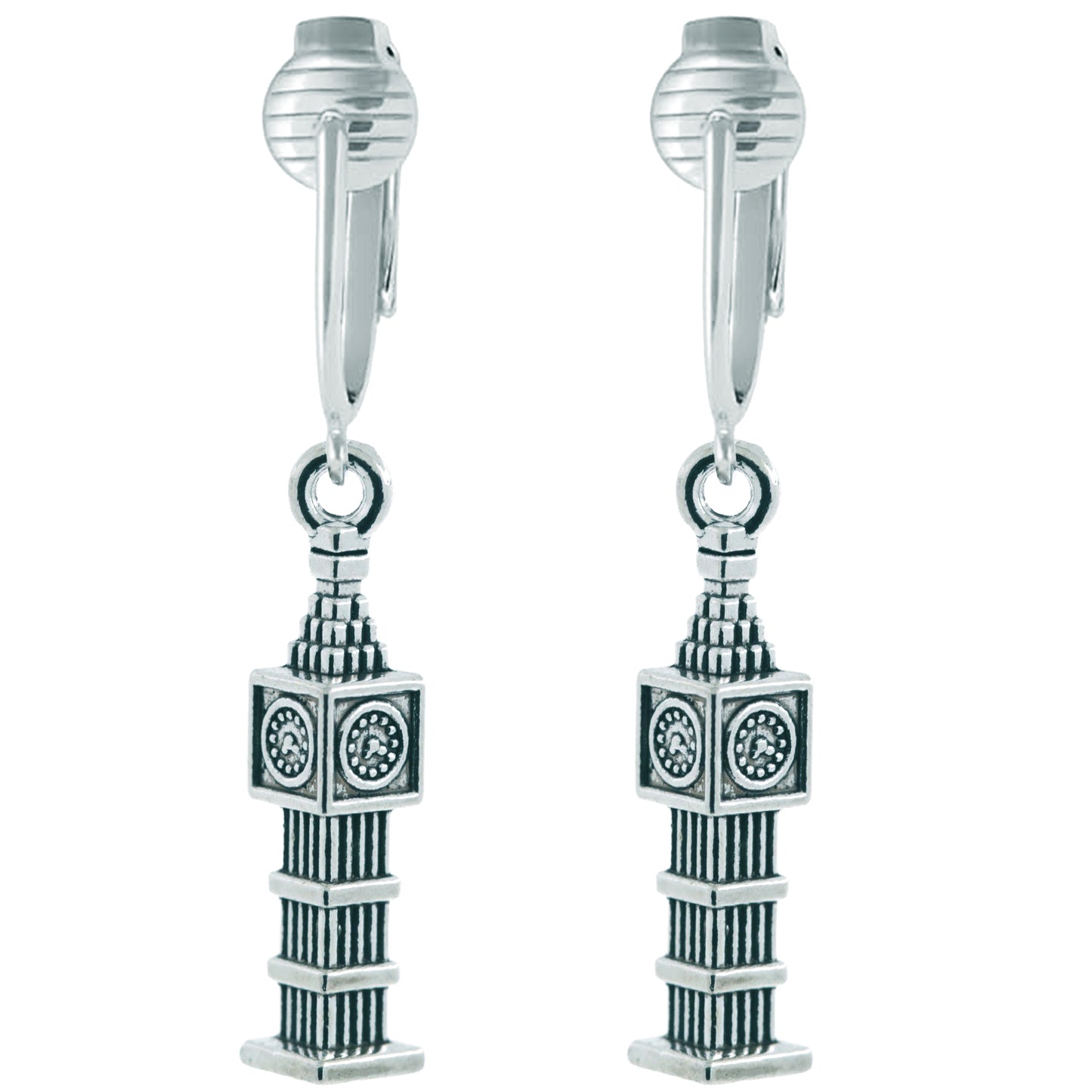 Silver Big Ben Clip On Dangling Earrings