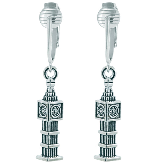 Silver Big Ben Clip On Dangling Earrings