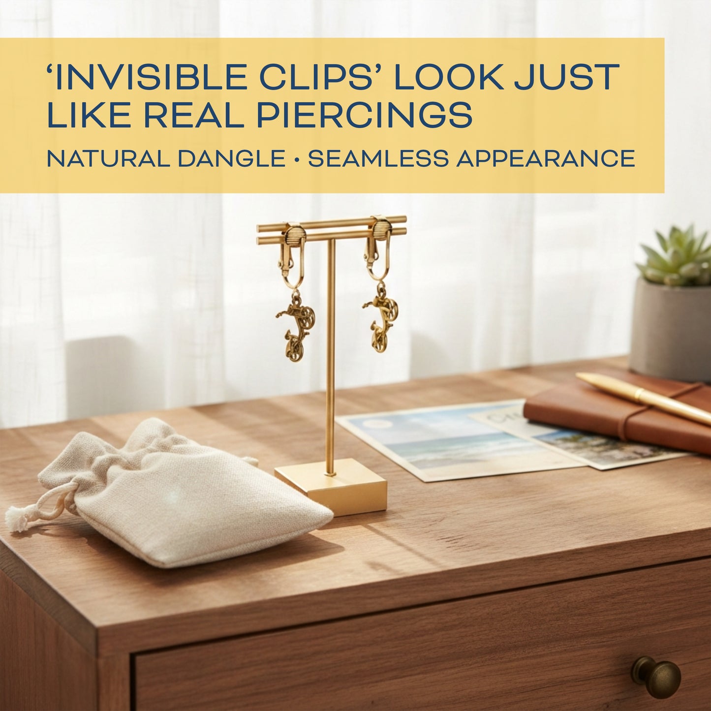 Gold Bike Clip On Dangling Earrings