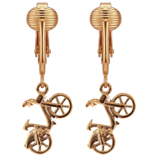 Gold Bike Clip On Dangling Earrings