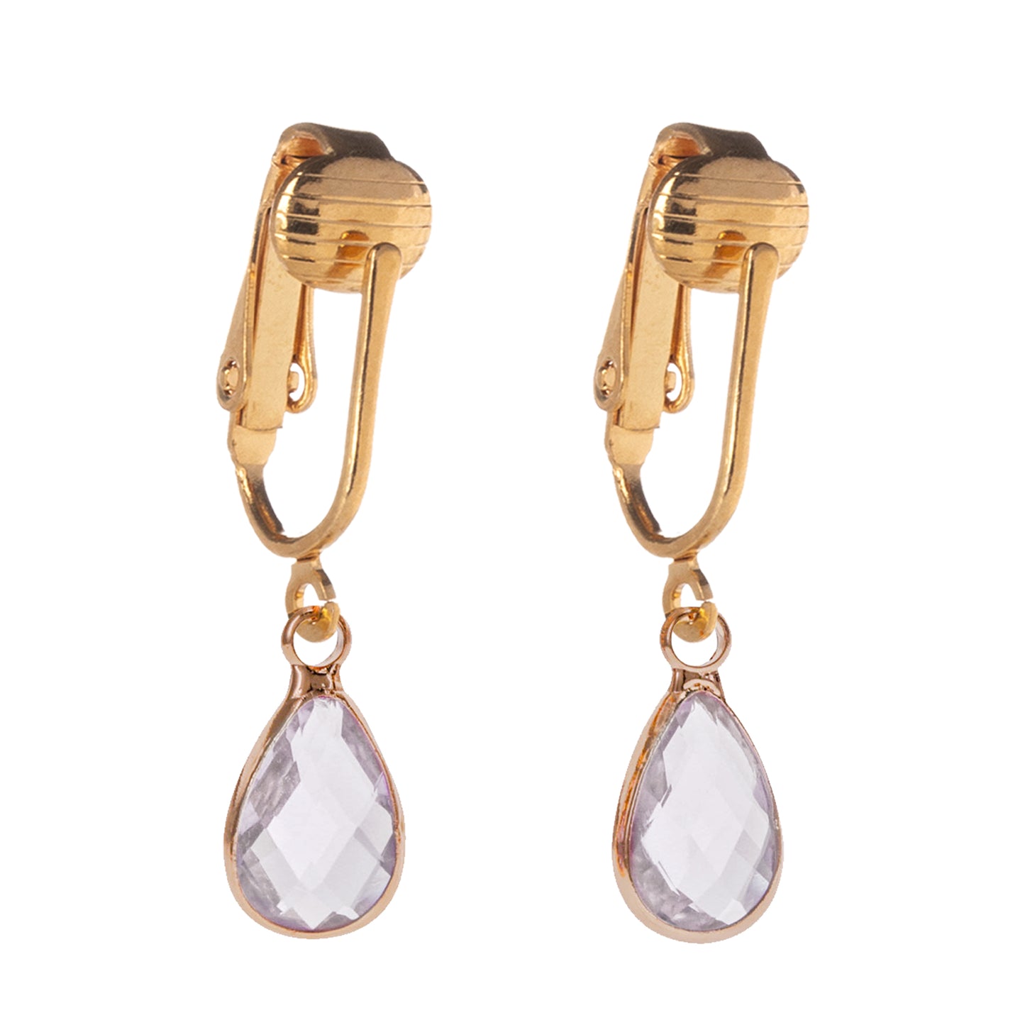 Gold Teardrop Birthstone Clip On Dangling Earrings