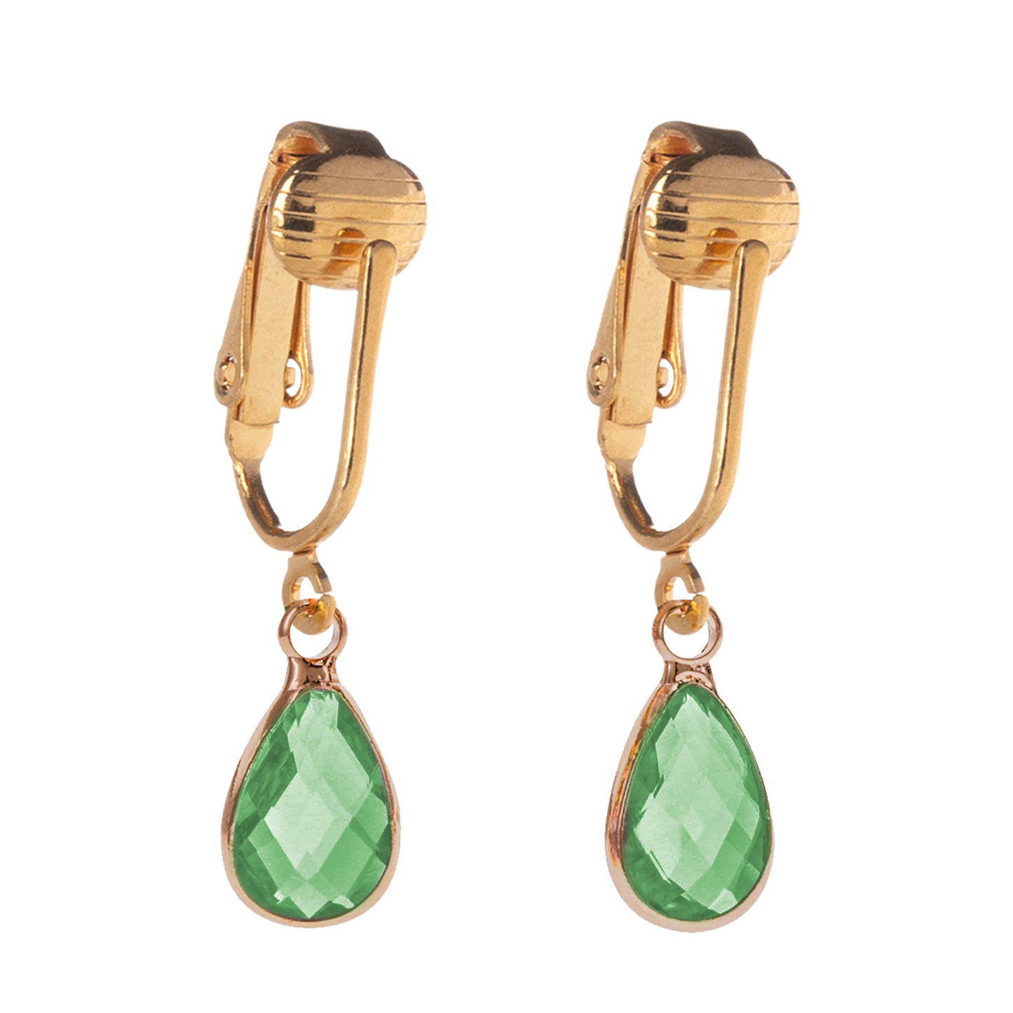 Gold Teardrop Birthstone Clip On Dangling Earrings