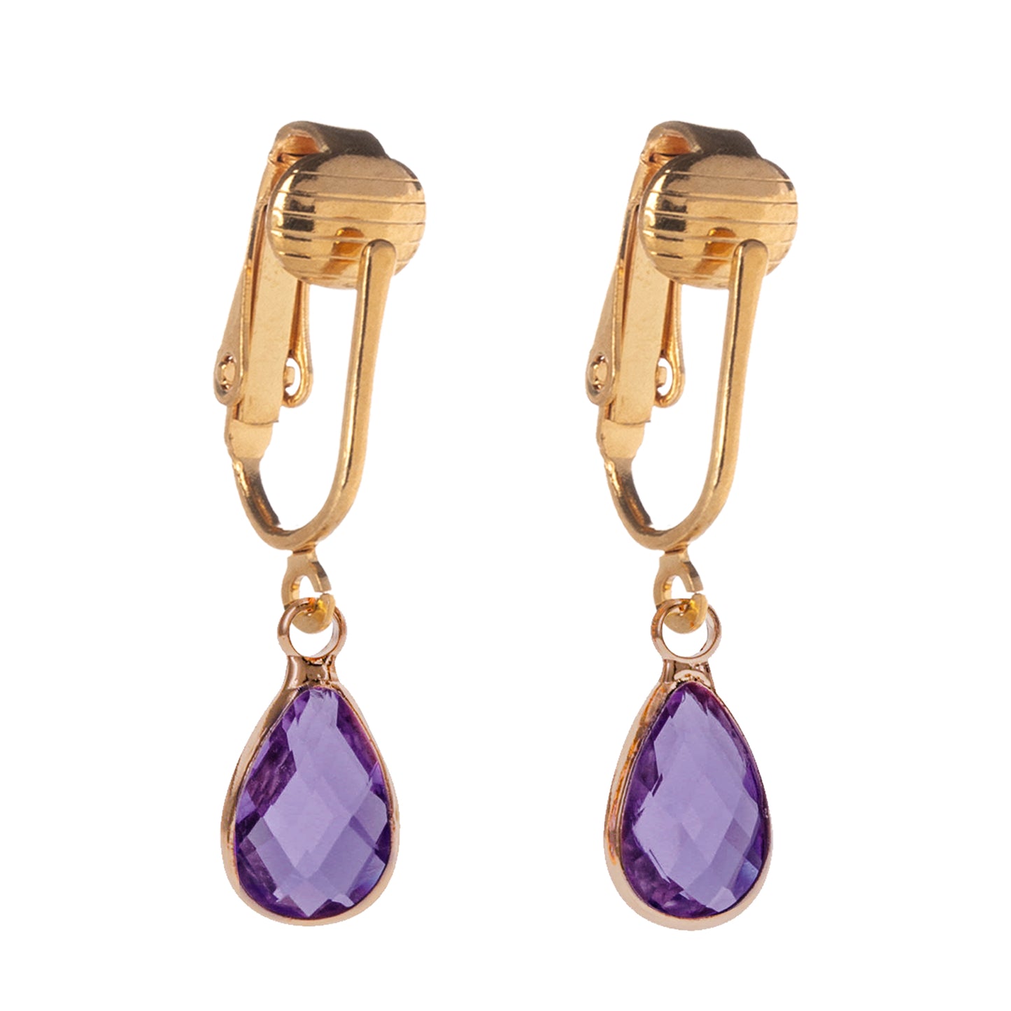 Gold Teardrop Birthstone Clip On Dangling Earrings