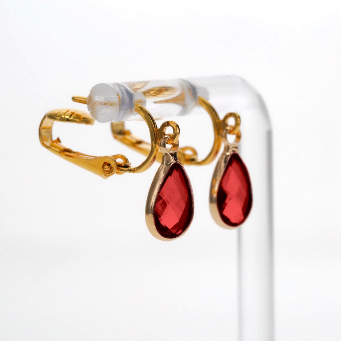 Gold Teardrop Birthstone Clip On Dangling Earrings