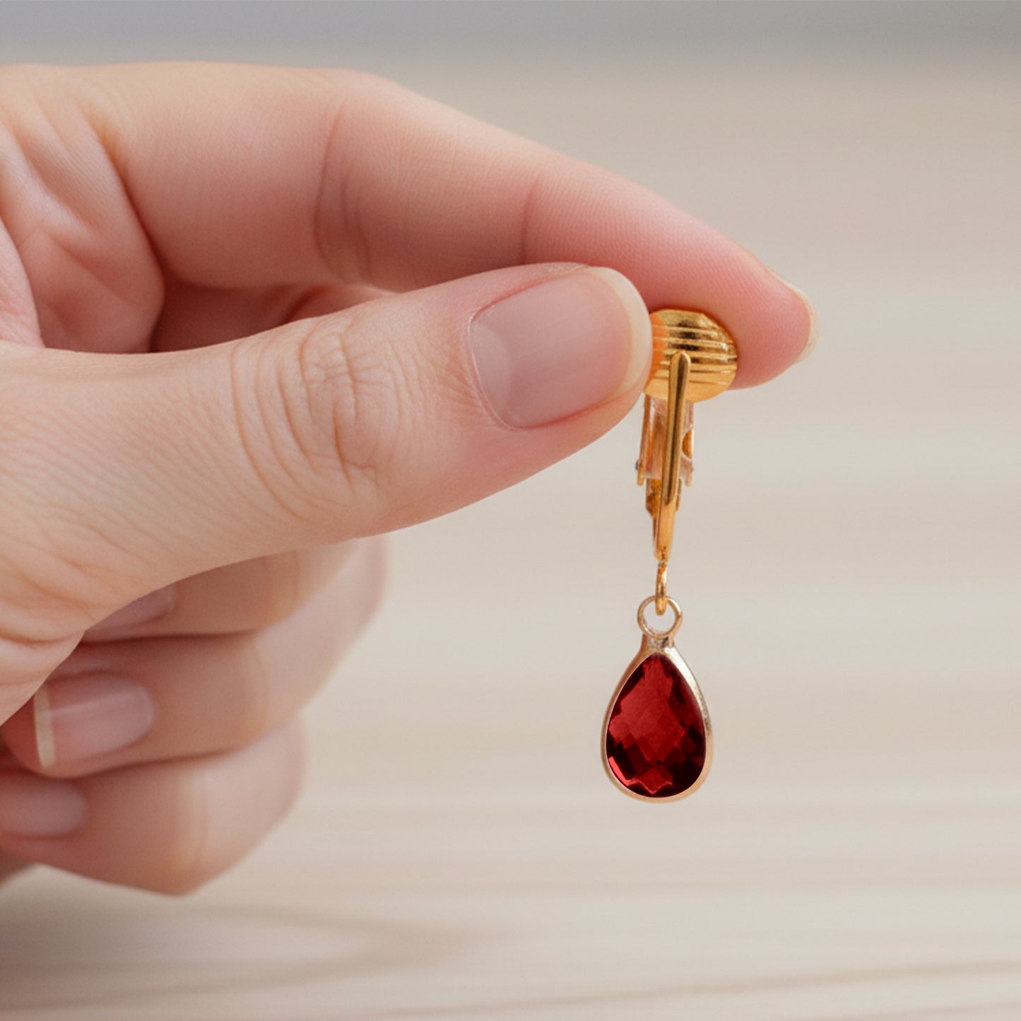 Gold Teardrop Birthstone Clip On Dangling Earrings
