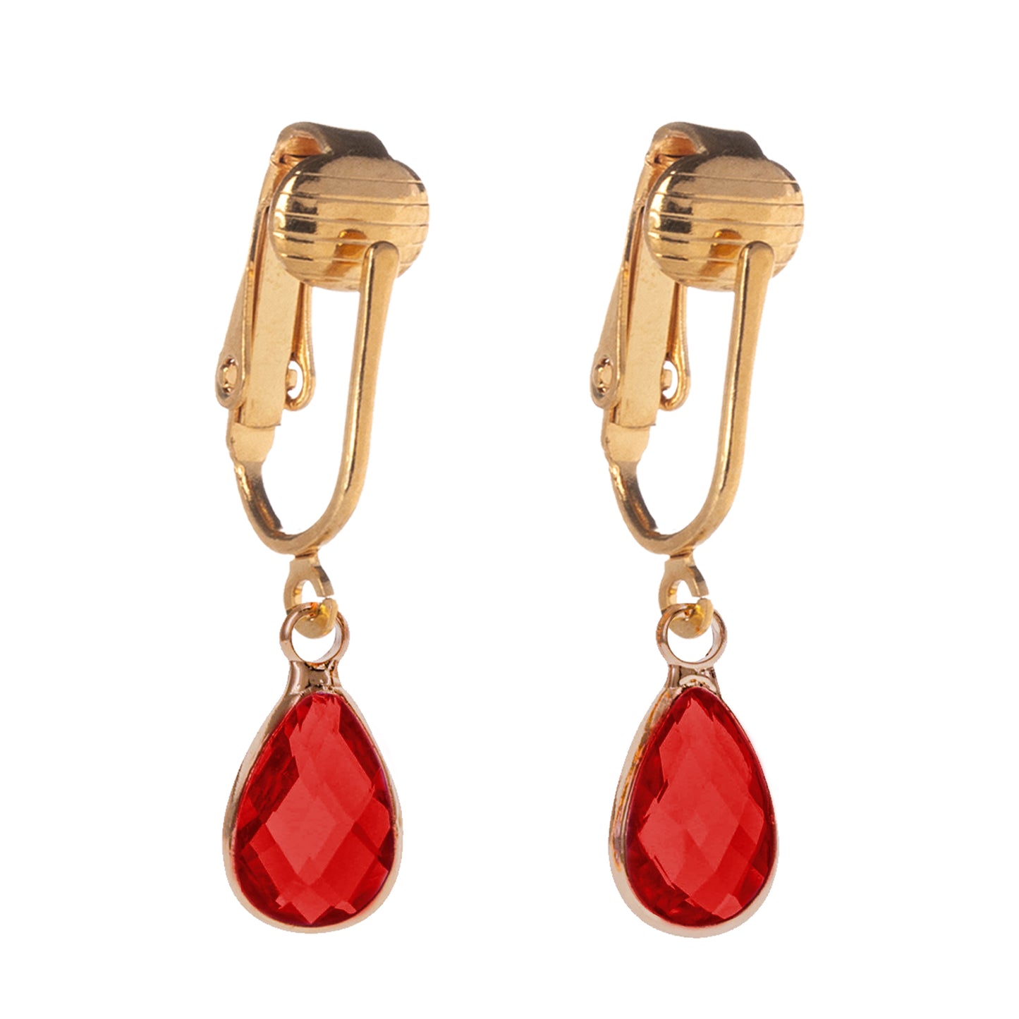 Gold Teardrop Birthstone Clip On Dangling Earrings