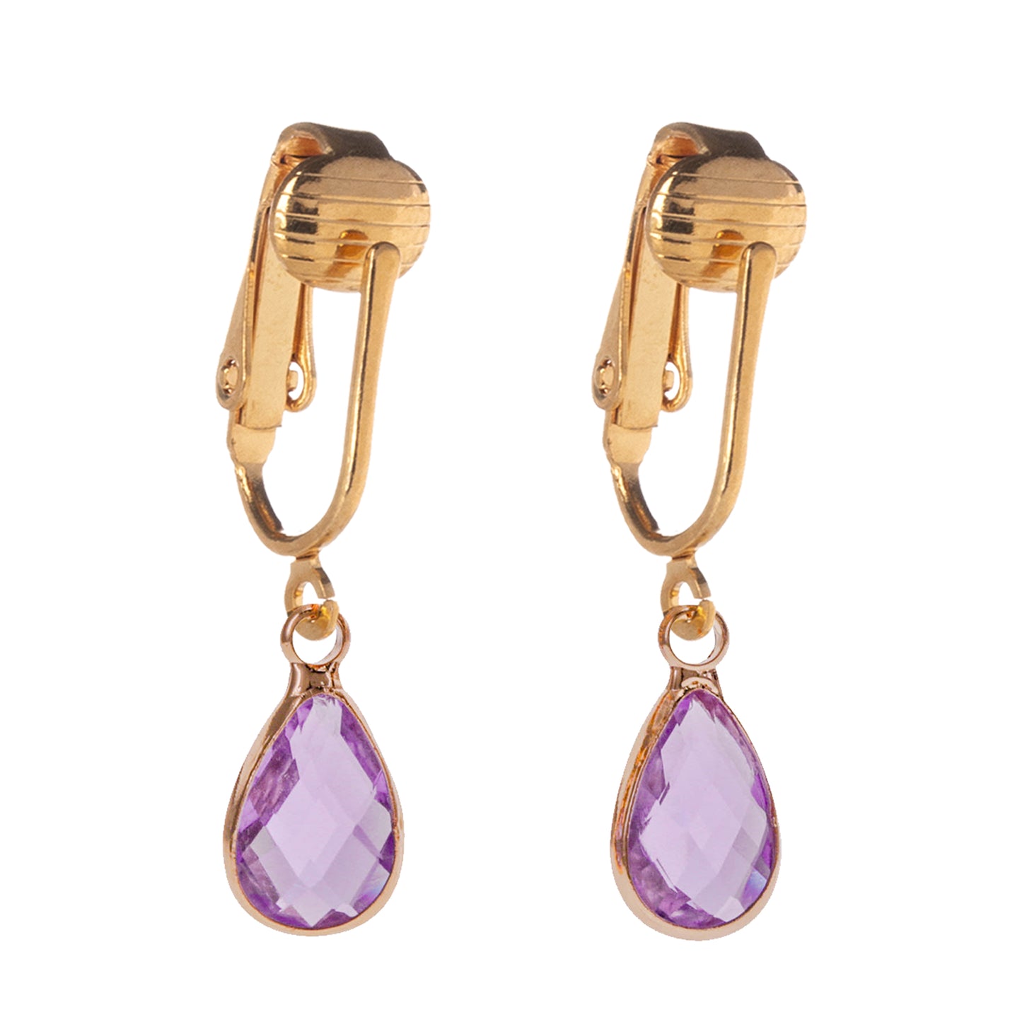 Gold Teardrop Birthstone Clip On Dangling Earrings