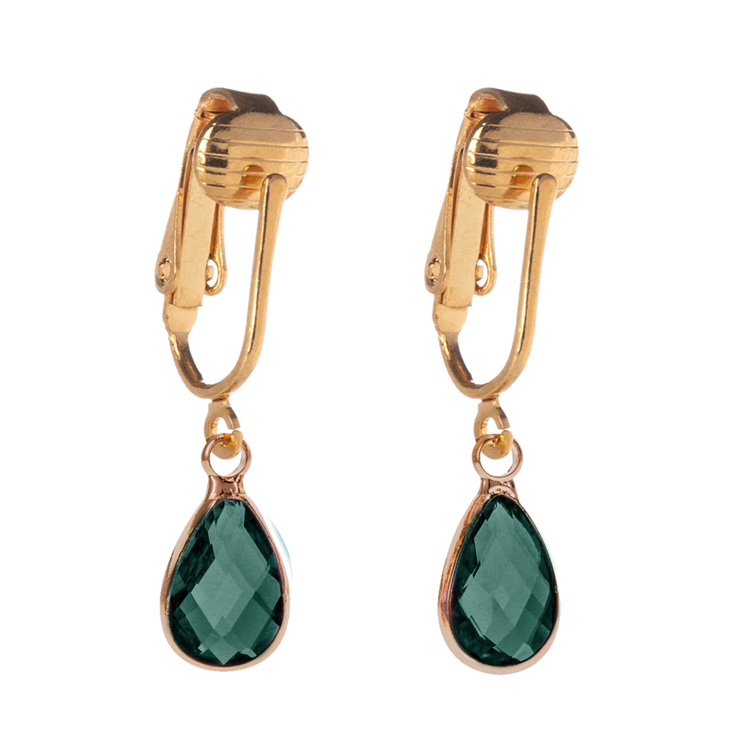 Gold Teardrop Birthstone Clip On Dangling Earrings