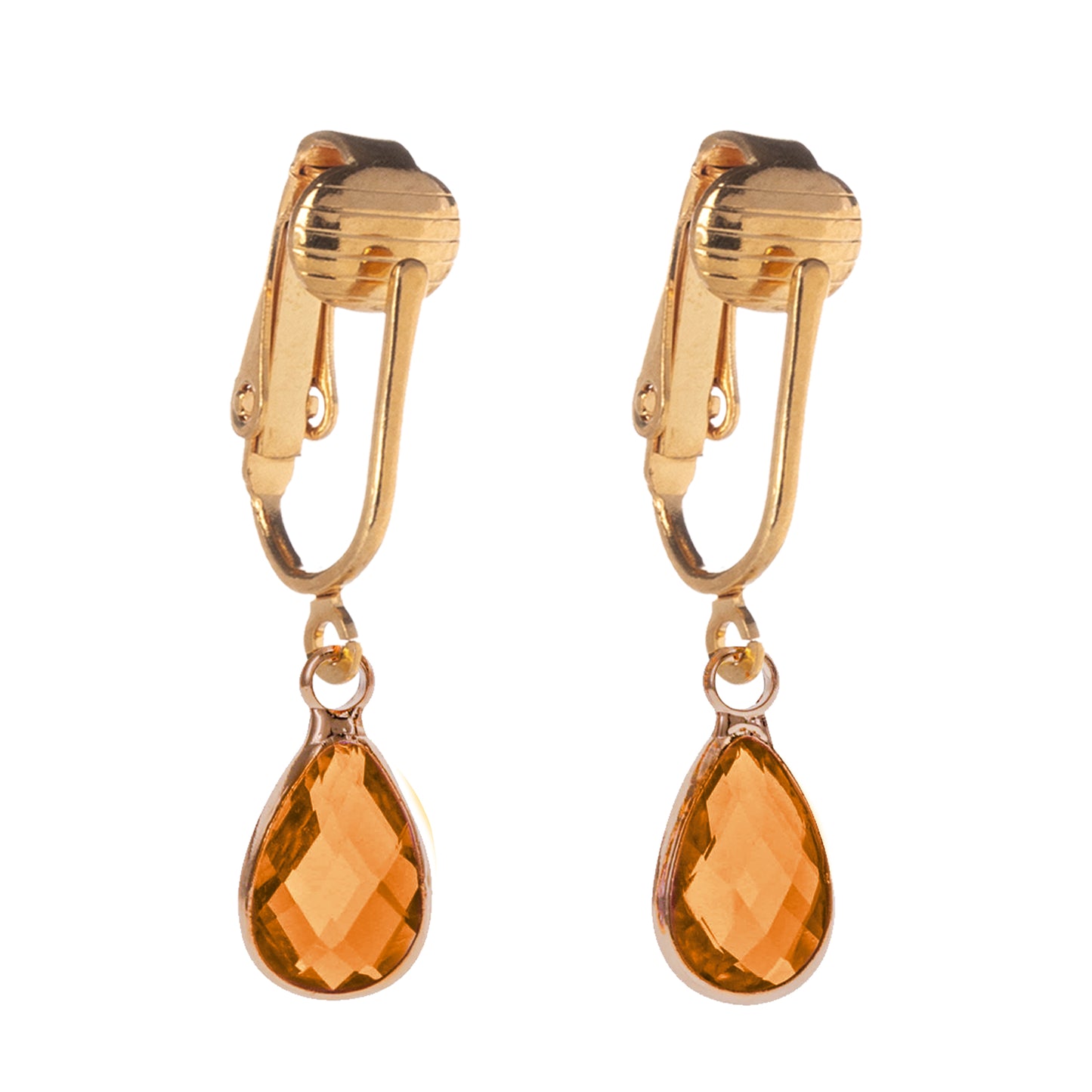 Gold Teardrop Birthstone Clip On Dangling Earrings