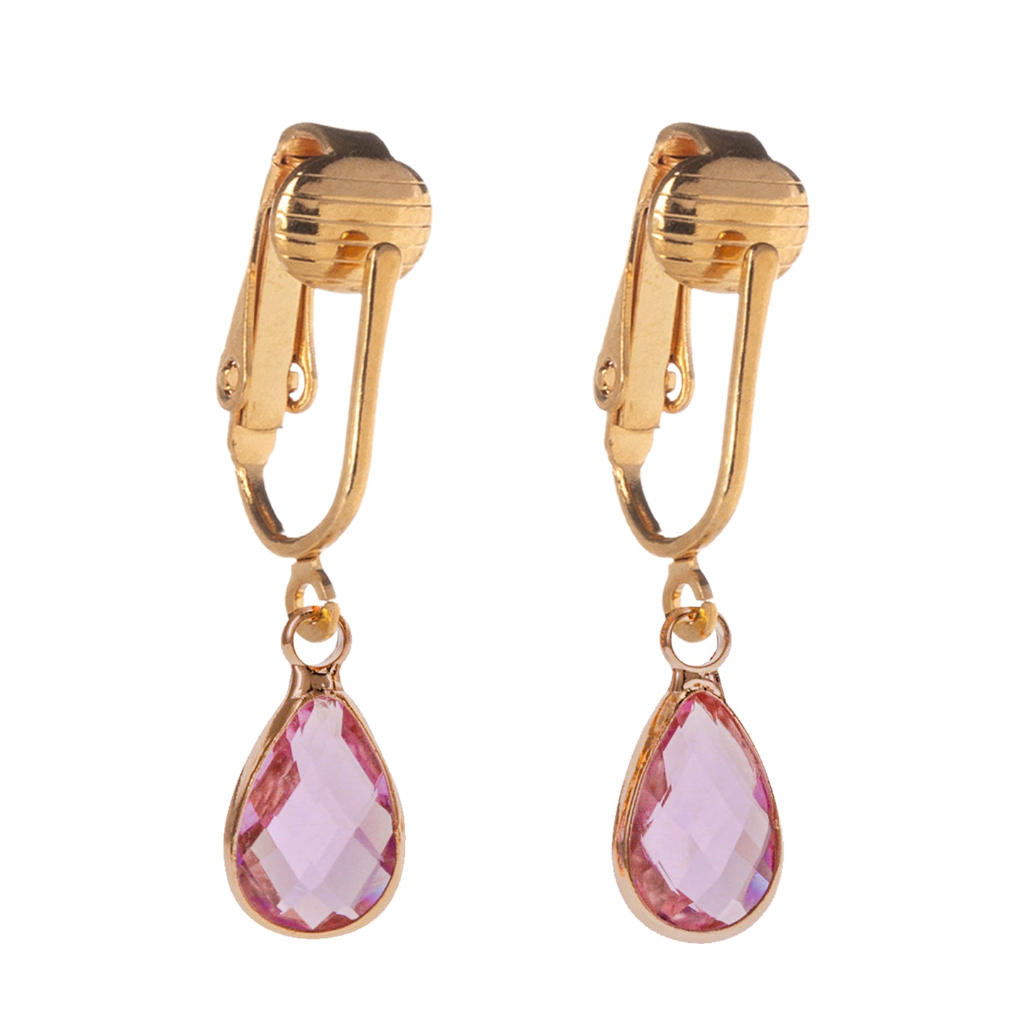 Gold Teardrop Birthstone Clip On Dangling Earrings