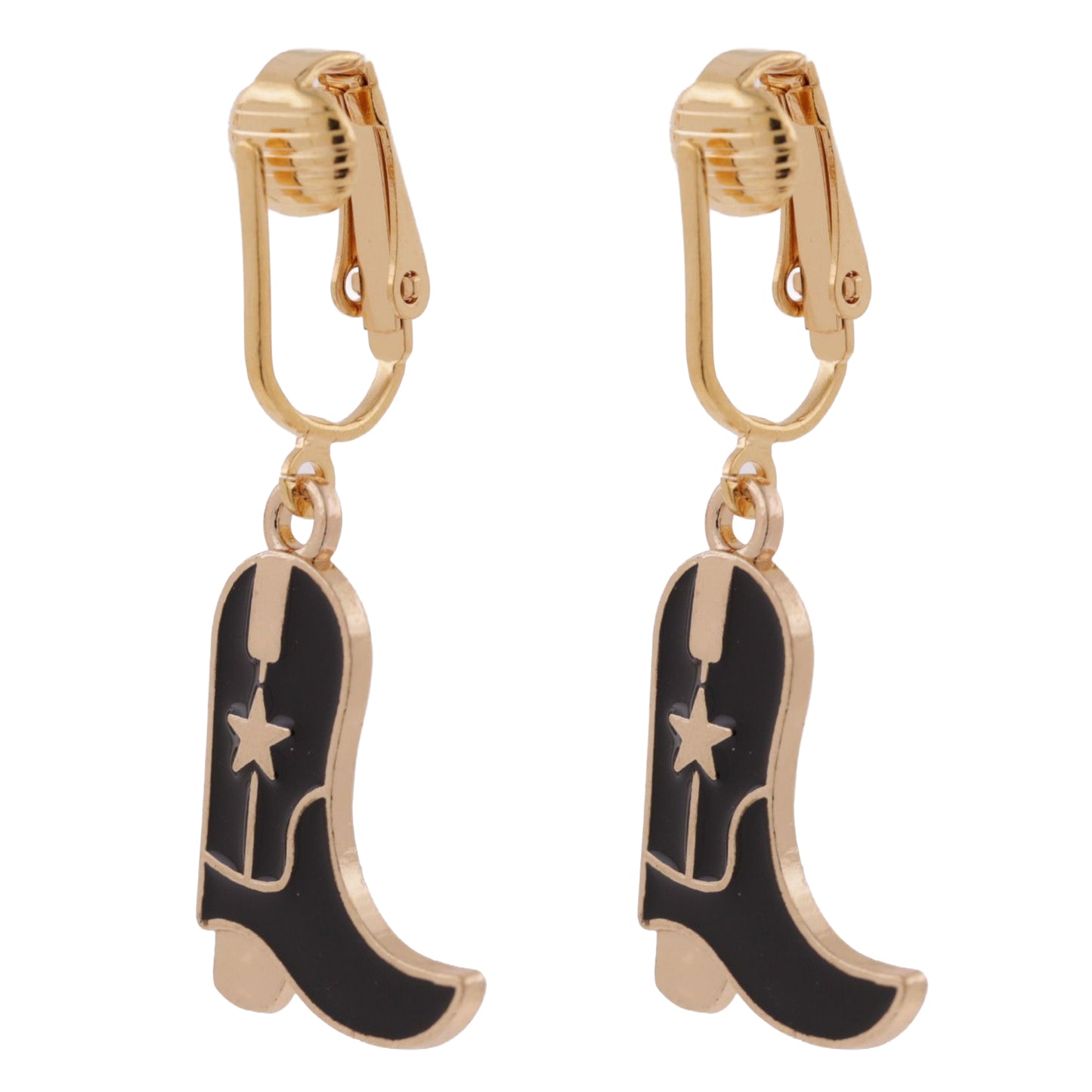 Black Cowboy Boots Gold Clip On Dangling Earrings