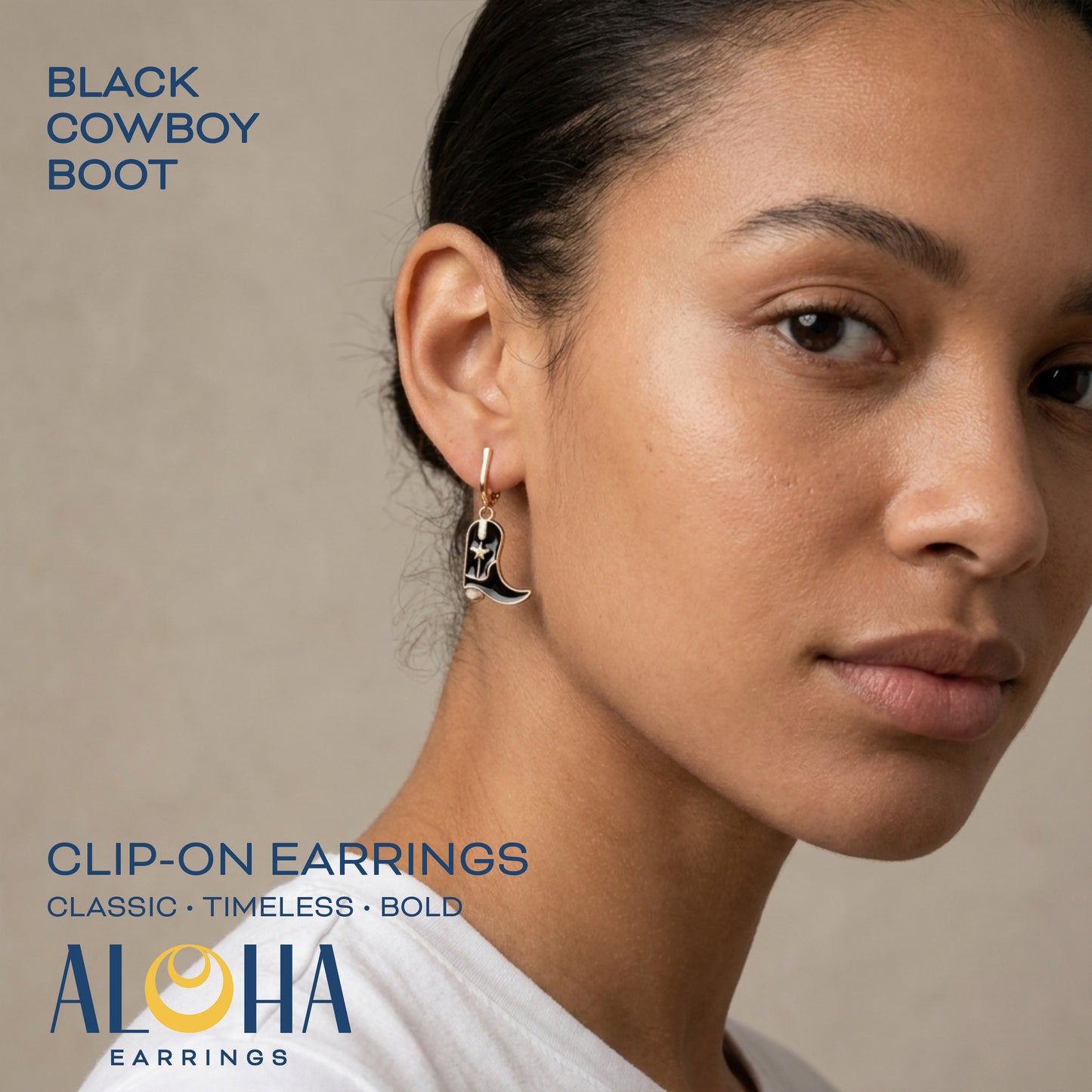 Black Cowboy Boots Gold Clip On Dangling Earrings