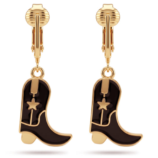 Black Cowboy Boots Gold Clip On Dangling Earrings