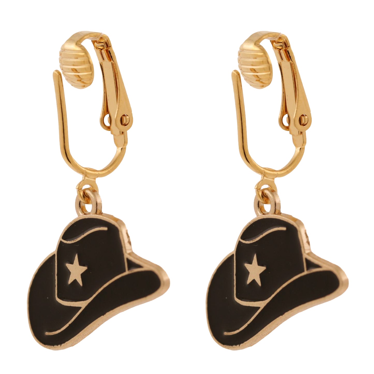 Black Cowboy Hats Gold Clip On Dangling Earrings