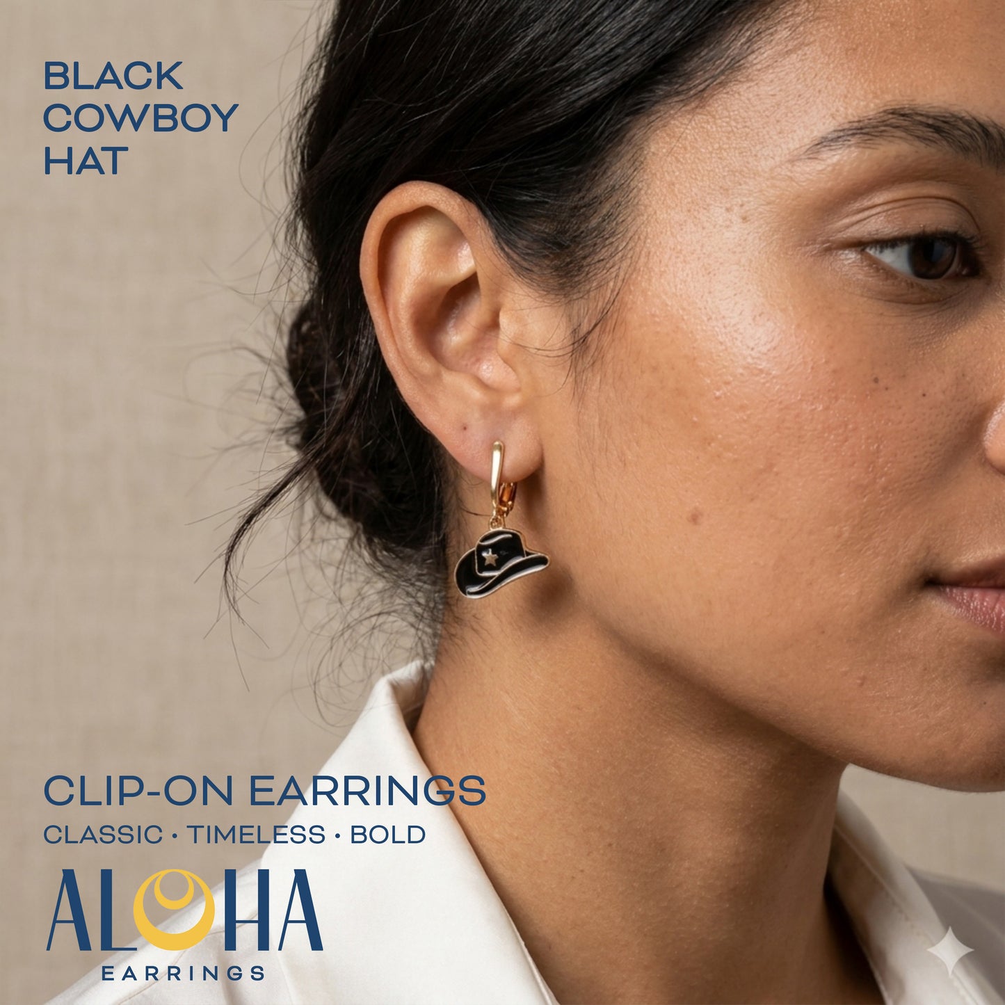 Black Cowboy Hats Gold Clip On Dangling Earrings