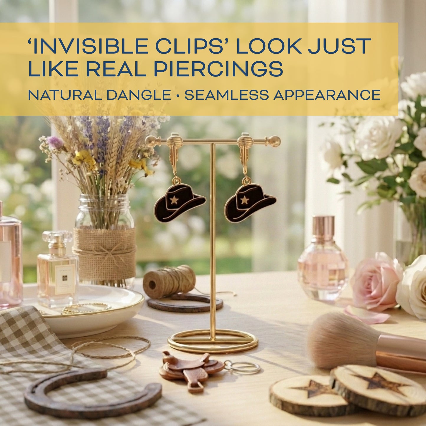 Black Cowboy Hats Gold Clip On Dangling Earrings