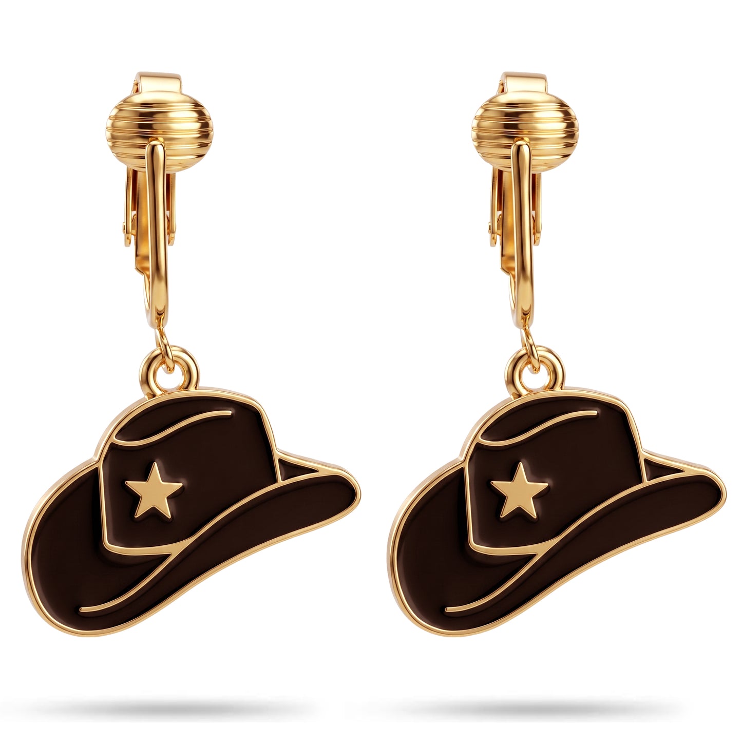 Black Cowboy Hats Gold Clip On Dangling Earrings