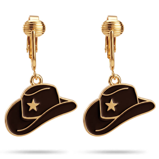Black Cowboy Hats Gold Clip On Dangling Earrings