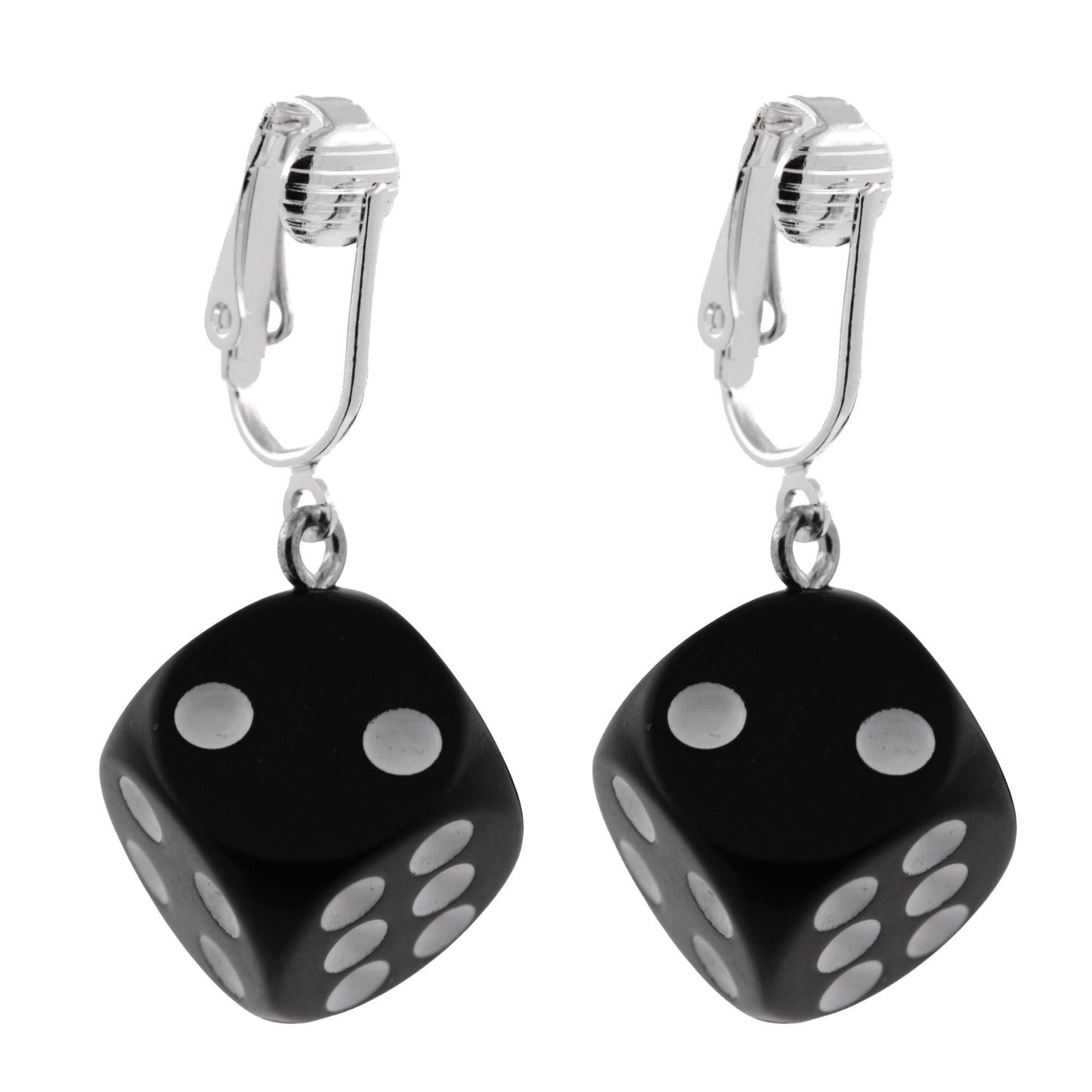 Black Dice Silver Clip On Dangling Earrings